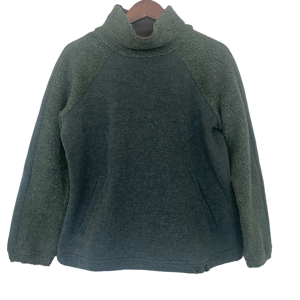 prAna Women Pullover Sweater Size Small Green Wool Blend Sherpa Trim Funnel Neck